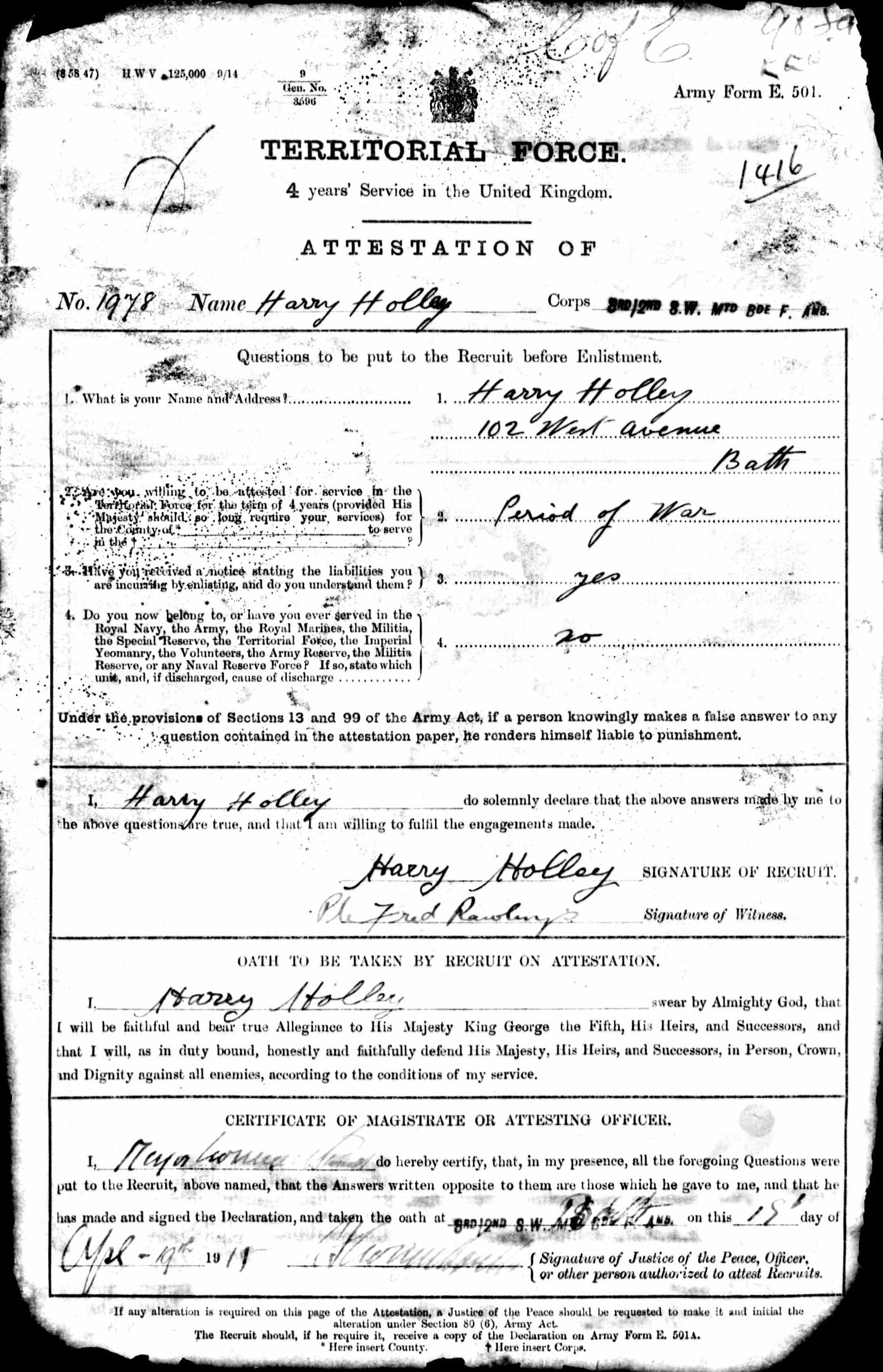 Harry Holley attestation paper