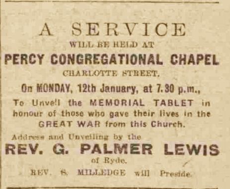 Advertisement of Percy memorial unveiling