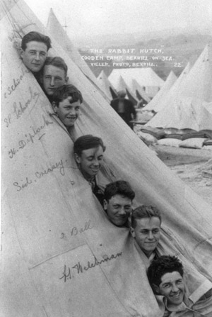 Photograph of Robert Welchman and six comrades in their tent at Cooden Camp 1914